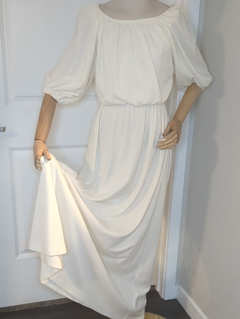 Vintage 70s Cream Blouson MaxiDress Boho Style Off-white Minimalist SZ S
